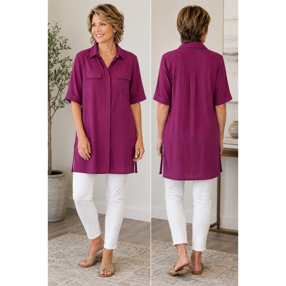 Chico's Size 3 XL Magenta Longline Tunic Shirt Hidden Button Side Slit Blouse